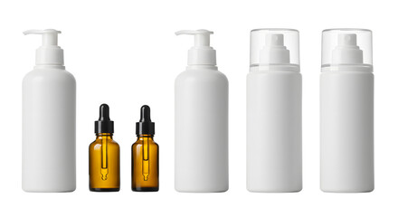 A collection of various cosmetic bottles and droppers arranged neatly on a clean surface, suitable for beauty product displays