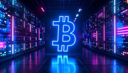 Neon Bitcoin symbol in a futuristic server room