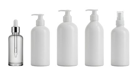 A collection of various empty cosmetic bottles and containers arranged neatly on a clean surface, ideal for product display