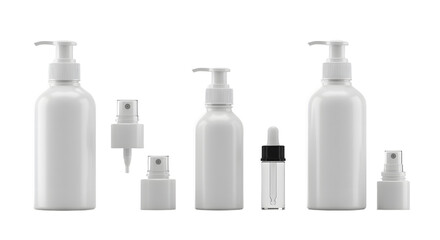 A collection of various empty skincare and cosmetic bottles arranged on a clean surface, showcasing minimalist design and versatility