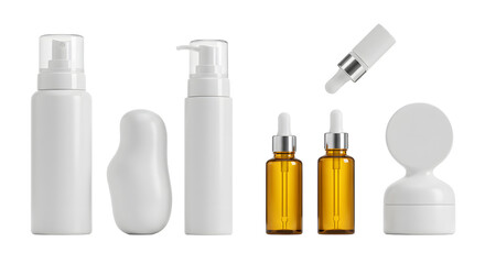 A collection of various skincare and cosmetic containers arranged neatly on a white background, ideal for product showcasing