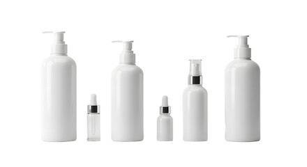 A collection of various sizes of white cosmetic bottles with pumps arranged on a neutral background, ideal for skincare branding