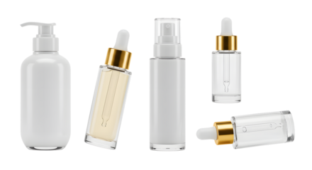 A collection of various skincare serum bottles arranged artistically on a clean surface, highlighting their elegant designs
