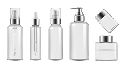 A collection of various transparent cosmetic bottles and jars arranged neatly, showcasing their sleek design for product display