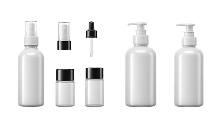 A collection of various white cosmetic bottles and containers arranged neatly on a clean surface, ideal for product display