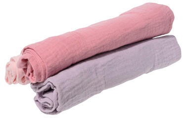 Stack of three folded cotton towels in pastel shades on isolated background