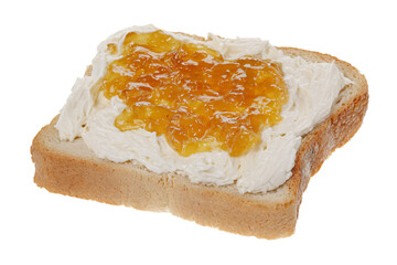 a piece of bread with a spread of cream and fruit