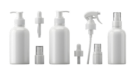 A collection of various white cosmetic bottles and dispensers arranged neatly, showcasing their sleek designs against a clean background