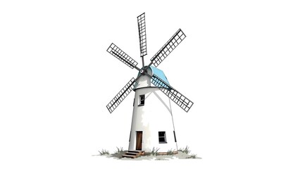 Obraz premium Detailed illustration of a classic white windmill with six blades, featuring a light blue cap and small windows, set against a clean white background with subtle grass at its base.