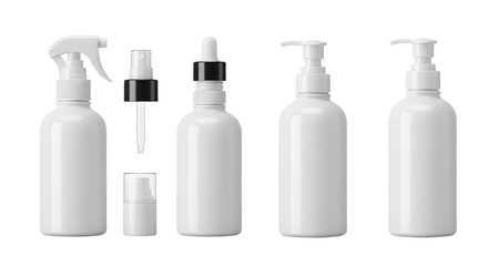 A collection of various white cosmetic bottles arranged on a clean surface, showcasing different shapes and sizes for product display