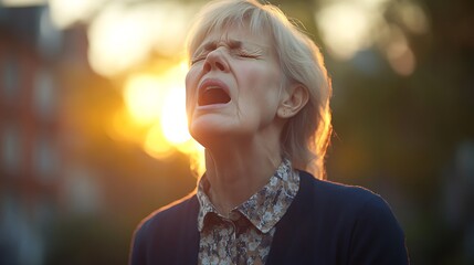 Woman expressing intense emotion outdoors at sunset.