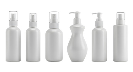 A collection of various white cosmetic bottles with different shapes and sizes, set against a clean background for product display