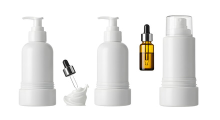 A collection of various white cosmetic containers and an amber dropper bottle, set against a clean, neutral background