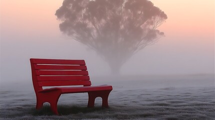 Red park bench in a foggy landscape.