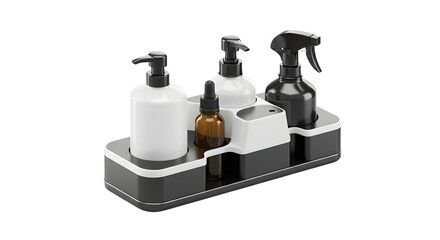 A modern, organized bathroom countertop featuring various stylish bottles and dispensers for skincare and cleaning products