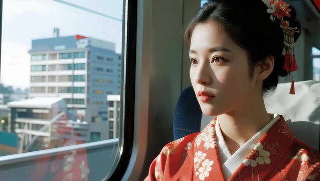 Bella japonesa con su tradicional kimono de seda vibrante sentada en un tren bala en Tokio