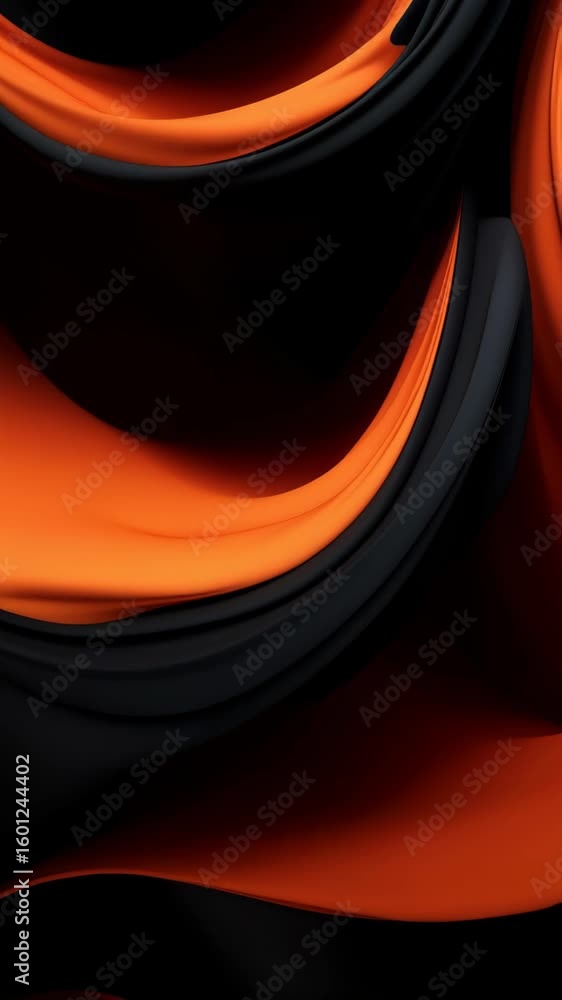 Poster abstract video concept with flowing black and orange fabric-like waves. captured from a top-down ang