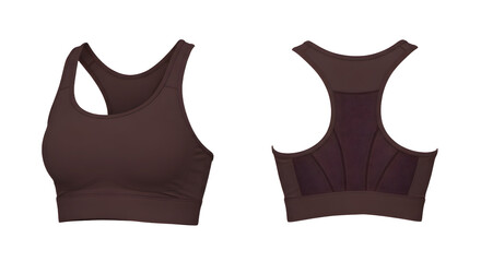 A stylish brown sports bra displayed from both front and back angles, showcasing its design and functionality for activewear