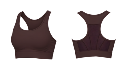 A stylish brown sports bra displayed from both front and back angles, showcasing its design and functionality for activewear