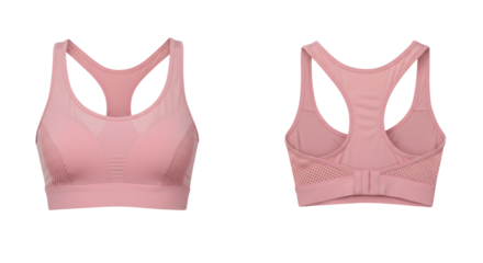 A stylish pink sports bra displayed from the front and back, ideal for fitness enthusiasts, showcasing modern design and comfort