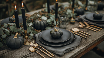 Halloween table setting with black ceramic plates, brass cutlery, linen napkins and candles on rustic autumn table