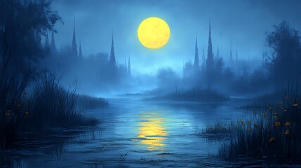 Misty night landscape with a large moon over a river.