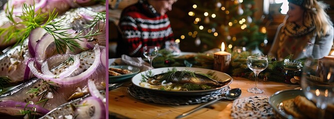 Close-up of marinated fish with red onion and dill, and a festive table setting with whole fish, candles, and Christmas decor. Cozy holiday atmosphere and traditional cuisine concept.
