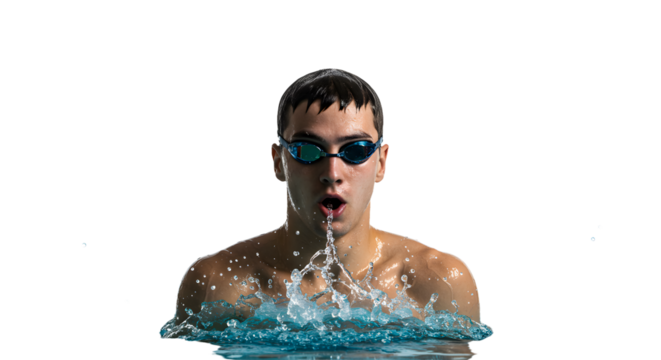 A swimmer emerges from the water, creating splashes, with a focused expression, set against a dark background