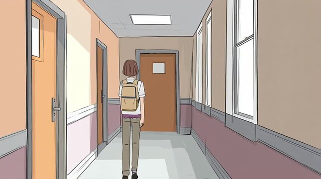 Hallway of a university dormitory for students filled with doors to dorm rooms