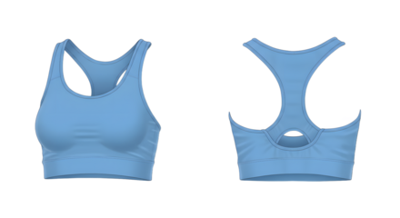 Blue sports bra design showcasing front and back views, ideal for fitness apparel marketing and online retail