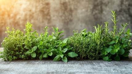 Fresh herbs arranged on a textured surface.