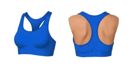 Blue sports bra displayed from front and back views on a neutral background, ideal for fitness apparel marketing