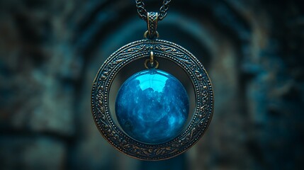 Detailed close-up of a dark-blue gemstone pendant with ornate metal frame.