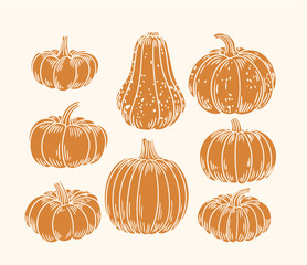 Set of original hand-drawn illustrations of autumn Halloween pumpkins in a minimalist style. Vector illustrations for posters, cards, and graphic design.