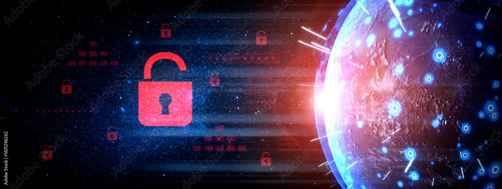 Poster digital security concept illustrating a cybersecurity breach, with a red unlocked padlock indicating