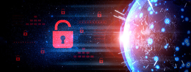 Digital security concept illustrating a cybersecurity breach, with a red unlocked padlock...