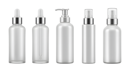 Collection of sleek, modern cosmetic bottles with various tops arranged neatly on a white background, ideal for product display