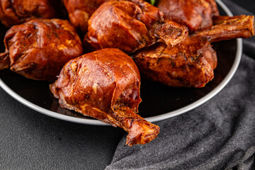 Knuckle smoked meat cooked ham roulka fresh shank delicious gourmet food background on the table rustic food top view copy space