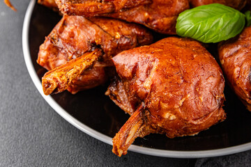 Knuckle smoked meat cooked ham roulka fresh shank delicious gourmet food background on the table rustic food top view copy space