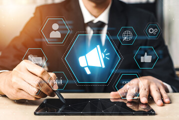 Digital marketing promotion strategy using megaphone, social media marketing, digital ads video...