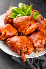 Knuckle smoked meat cooked ham roulka fresh shank delicious gourmet food background on the table rustic food top view copy space
