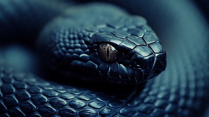 Close-up view of a dark snake's head and scales.