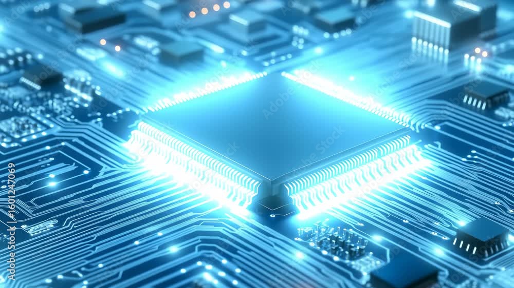 Poster central computer processor chip with glowing blue circuit connections, highlighting complex electron