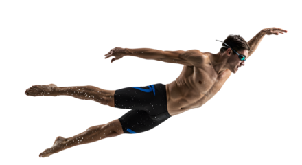 Male swimmer in mid-air dive, showcasing athletic form and technique, with water splashes in a dynamic underwater setting