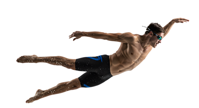 Male swimmer in mid-air dive, showcasing athletic form and technique, with water splashes in a dynamic underwater setting