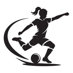 Silhouette of a female soccer player kicking a ball with a curved design element behind her
