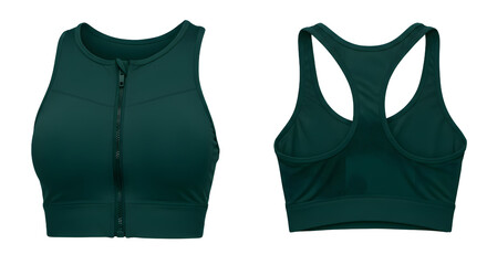 Stylish dark green sports bra featuring a front zipper and racerback design, ideal for fitness activities and workouts