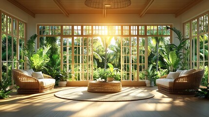 Tranquil sunlit indoor space with lush greenery.