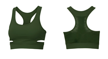 Stylish green sports bra showcasing a modern design, perfect for workouts, with a breathable mesh back for comfort