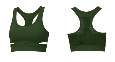 Stylish green sports bra showcasing a modern design, perfect for workouts, with a breathable mesh back for comfort